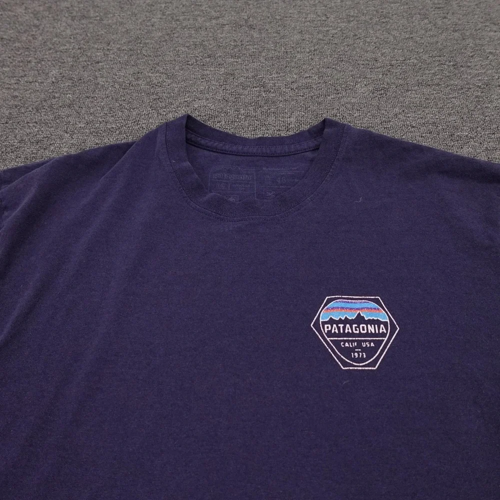 Patagonia Shirt Mens Medium Blue Calif USA 1973 Back Logo Graphic Tee Tagless